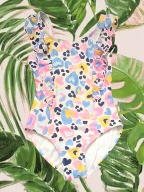 Cat & Jack Girls One-Piece Ruffle Swimsuit in Leopard Print & Pastel Heart Print